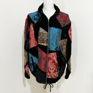 Chico’s Design Embroidered Full Zip Jacket Patchwork Velvet Boho Size 3 = XL